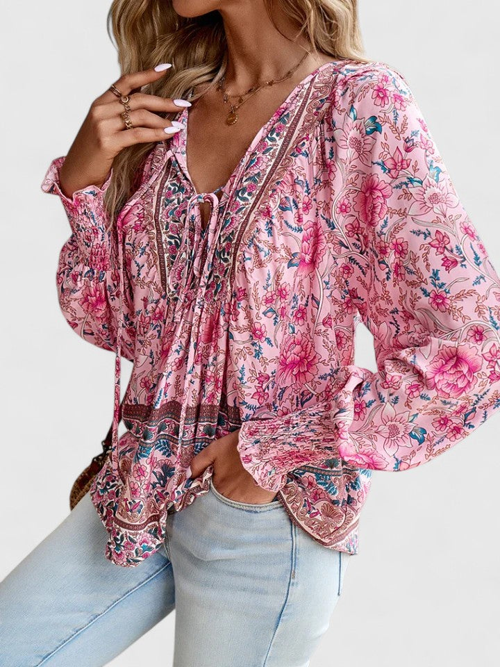 Women’s V-Neck Tie Front Blouse – Long Sleeve Relaxed Fit Top