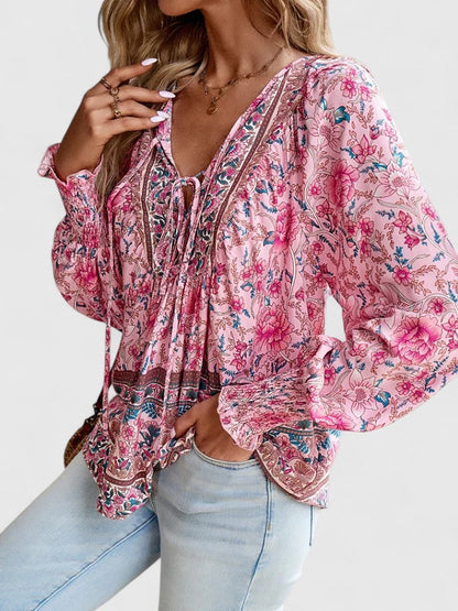 Women’s V-Neck Tie Front Blouse – Long Sleeve Relaxed Fit Top