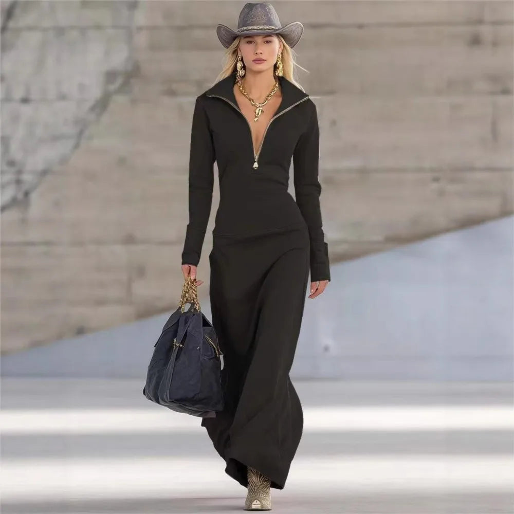 Elara | Women’s Zip Neck Relaxed Maxi Dress