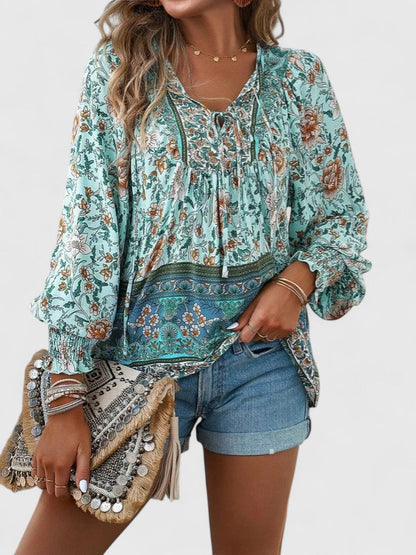 Women’s V-Neck Tie Front Blouse – Long Sleeve Relaxed Fit Top