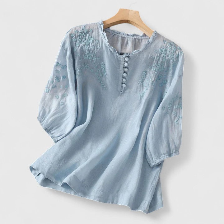 Avelyne | Embroidered Split Neck Blouse