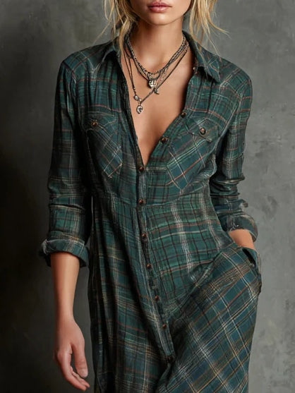 Therenne | Women’s Plaid Shirt Maxi Dress