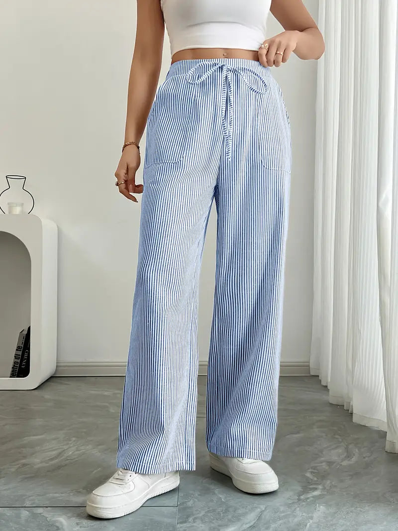 Ribbed Wide Leg Pants – Drawstring Casual Pants for Women