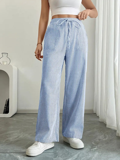 Ribbed Wide Leg Pants – Drawstring Casual Pants for Women