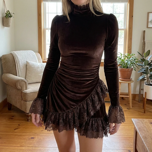 Velmira | Women’s Lace Trim Velvet Mini Dress
