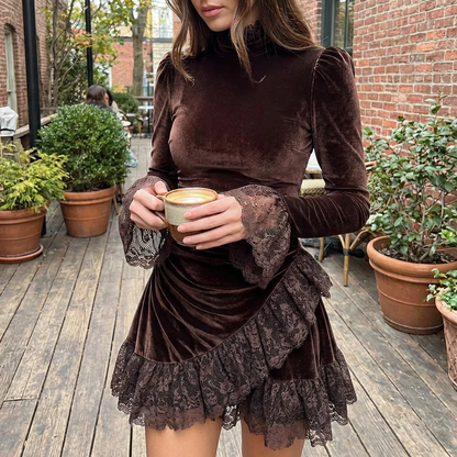 Velmira | Women’s Lace Trim Velvet Mini Dress