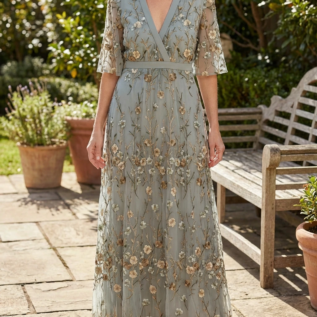 Elarisse | Women’s  Embroidered Mesh Wrap Maxi Dress