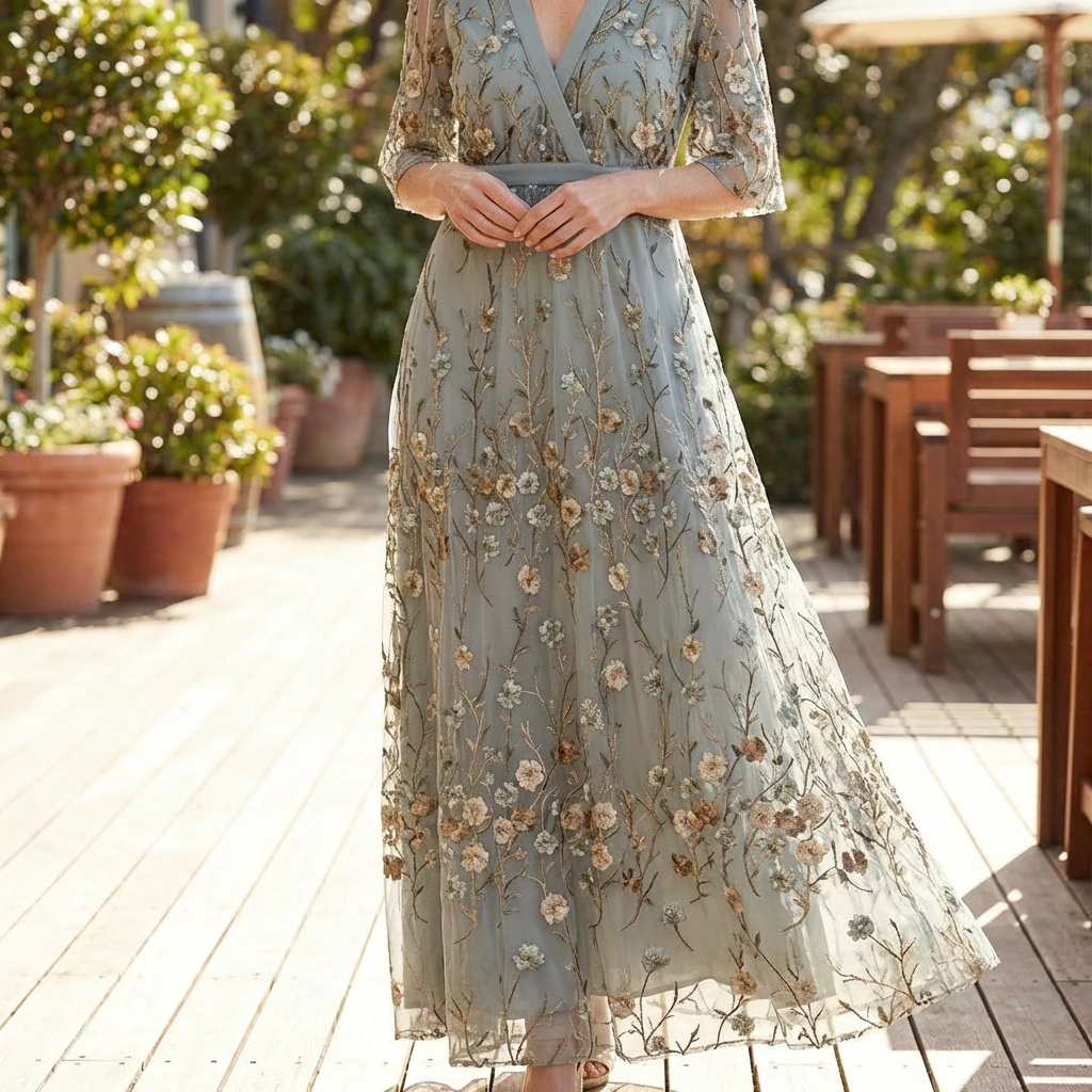 Elarisse | Women’s  Embroidered Mesh Wrap Maxi Dress