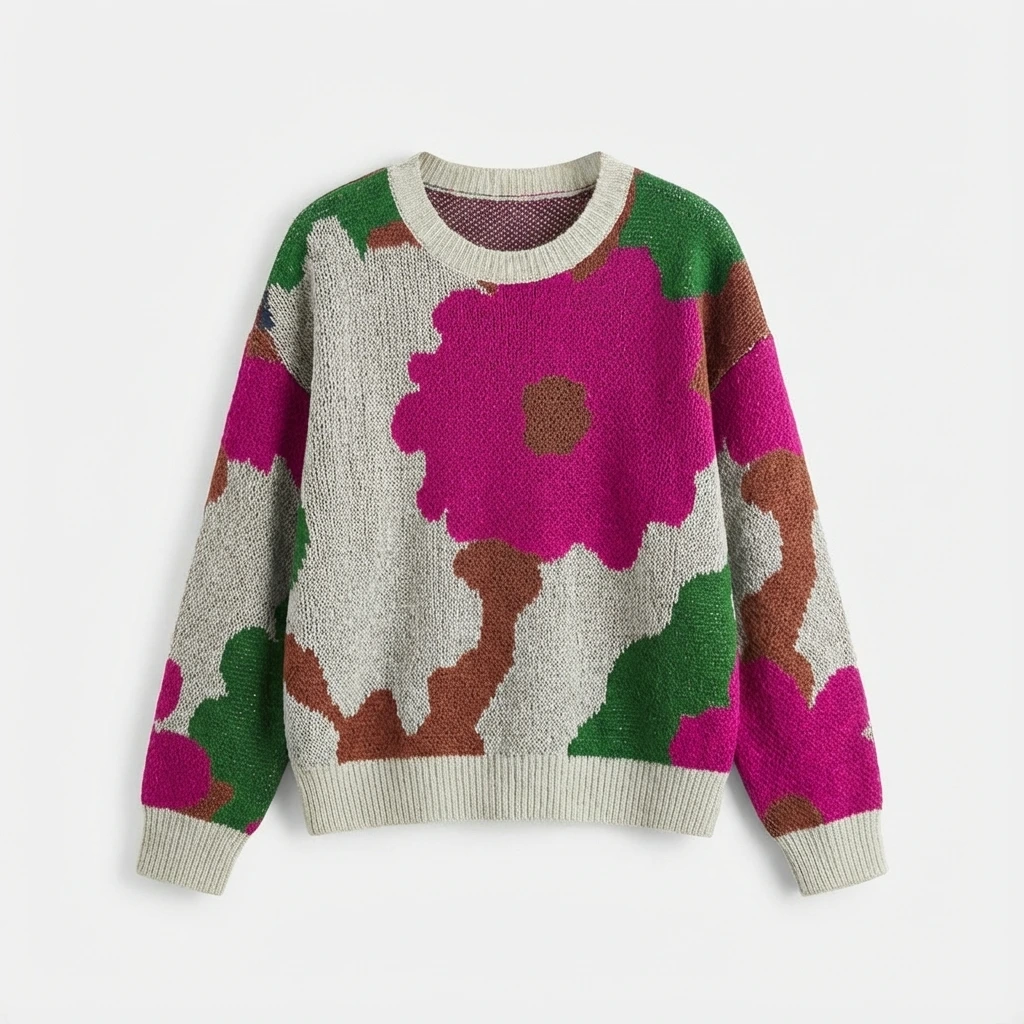 Floral Print Knit Cozy Women Sweater