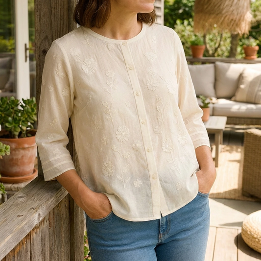 Avery | Lightweight Embroidered Summer Button Top