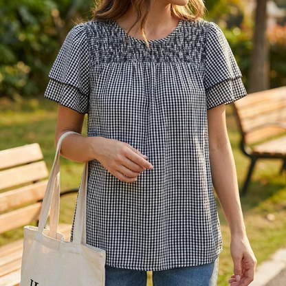 Elvarie | Women’s Smocked Gingham Peplum Blouse
