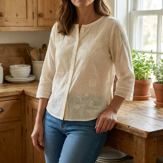 Avery | Lightweight Embroidered Summer Button Top