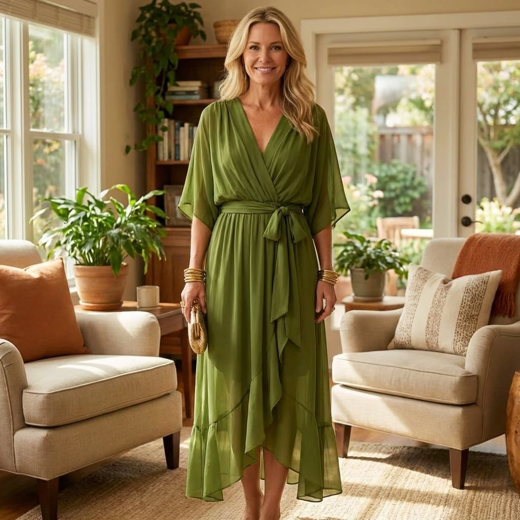 Women’s V-Neck Tie Waist Maxi Dress