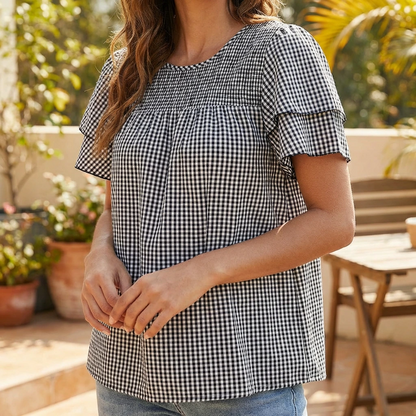 Elvarie | Women’s Smocked Gingham Peplum Blouse