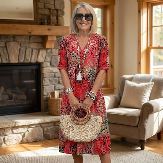 Printed V-Neck Midi Dress