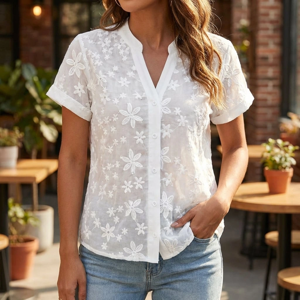 Elarisse | Women’s Embroidered Short Sleeve Button Front Blouse