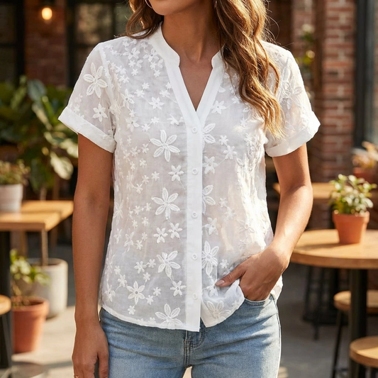 Elarisse | Women’s Embroidered Short Sleeve Button Front Blouse