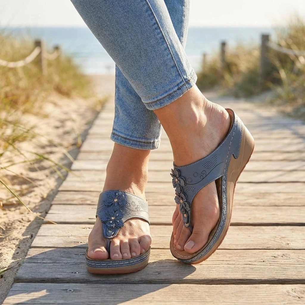 Susan | Women’s Orthopedic Wedge Flip Flops with Floral Detail