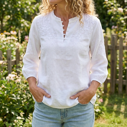 Avelyne | Embroidered Split Neck Blouse