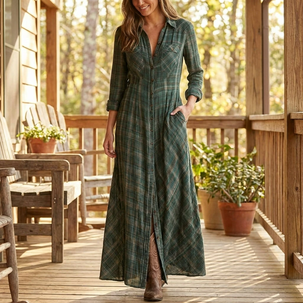 Therenne | Women’s Plaid Shirt Maxi Dress