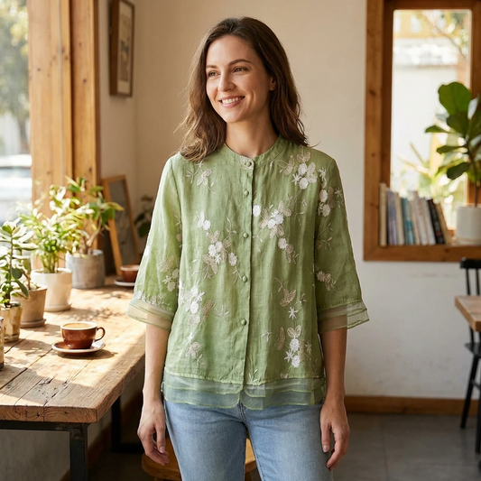 Avery | Lightweight Embroidered Summer Button Top