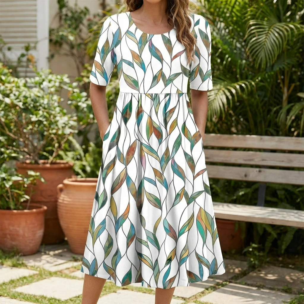 Florayne | Printed Spring Midi Dress with Gathered Waist