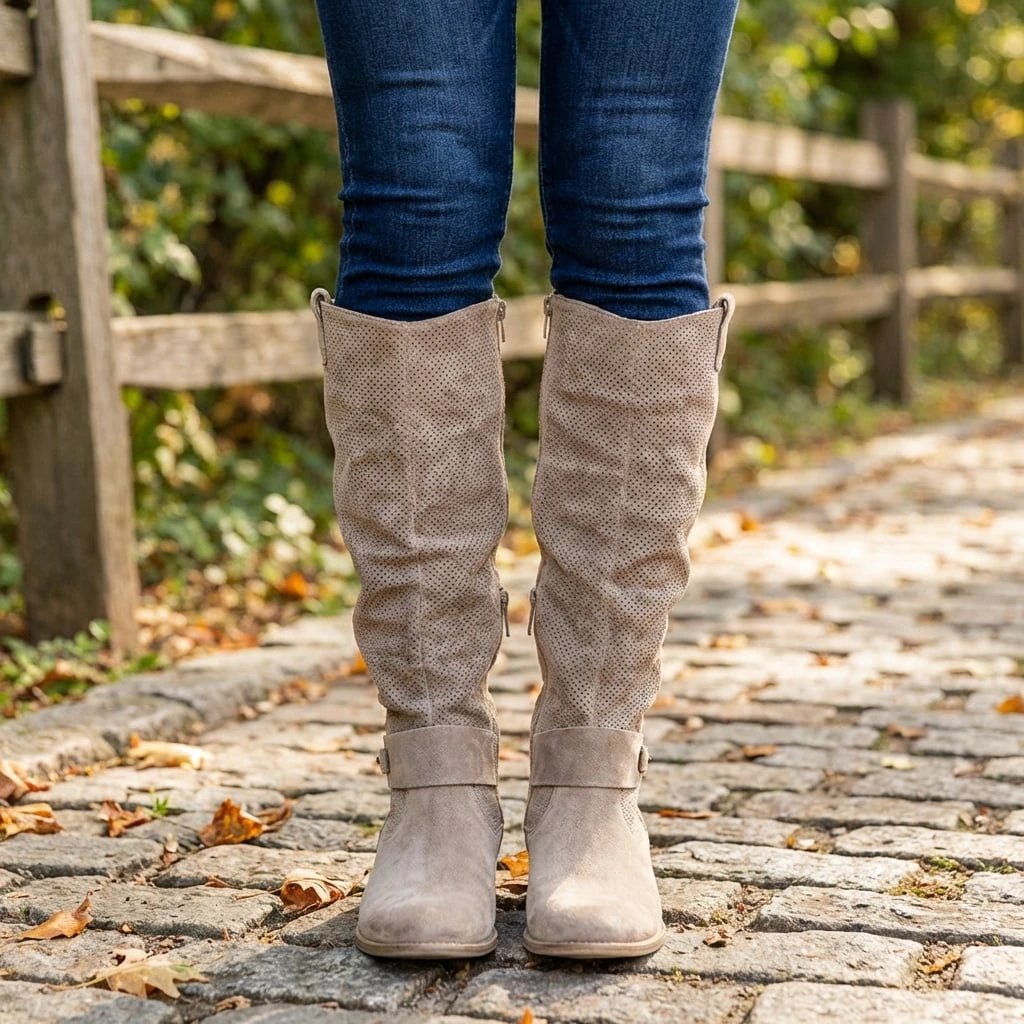Women’s Knee-High Boots – Perforated Upper with Slouch Design