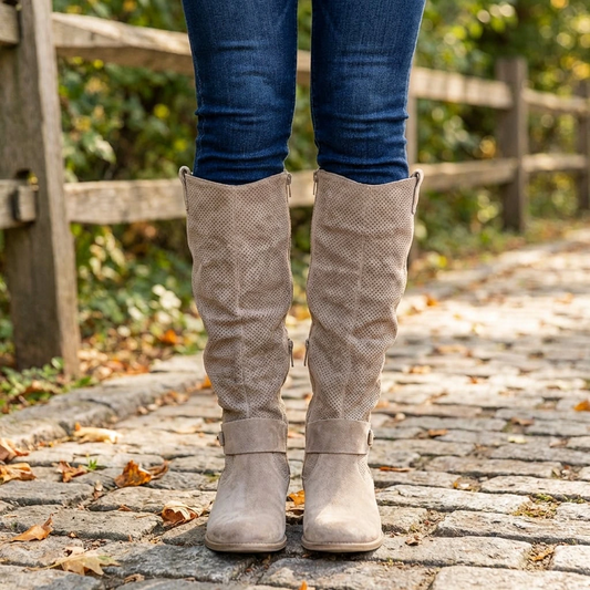 Women’s Knee-High Boots – Perforated Upper with Slouch Design