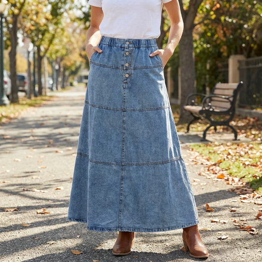 Therenne | Women’s Button Front A-Line Denim Maxi Skirt
