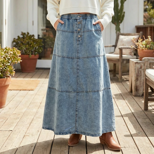 Therenne | Women’s Button Front A-Line Denim Maxi Skirt