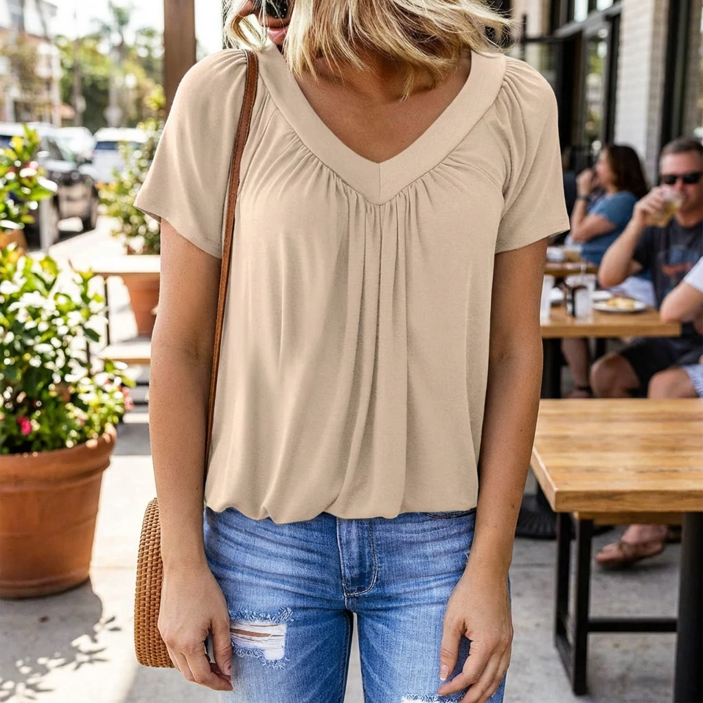 Elowyn | Women’s V-Neck Short Sleeve Relaxed Blouse