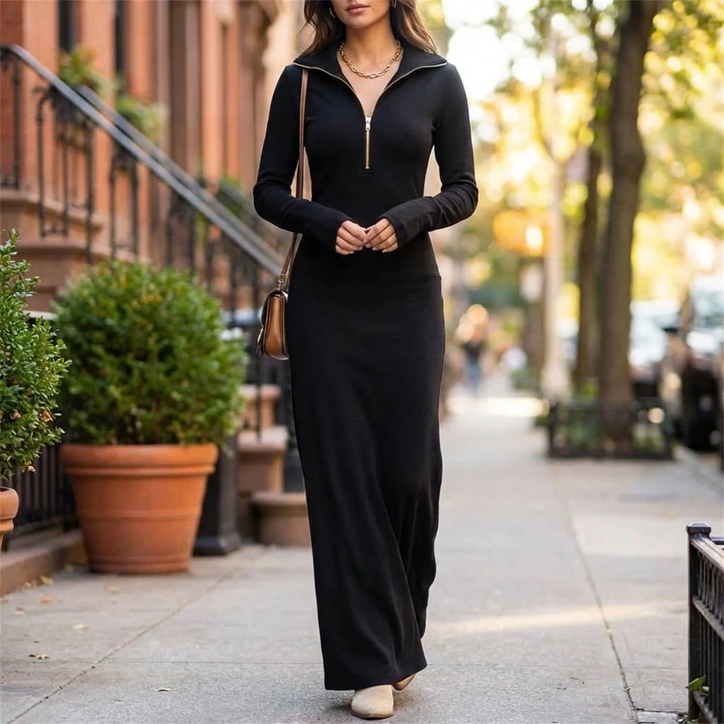 Elara | Women’s Zip Neck Relaxed Maxi Dress