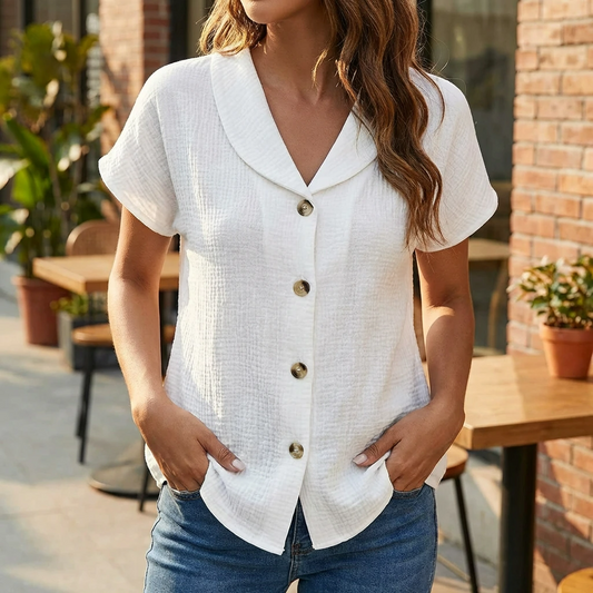 Solara | Women’s Button Front Short Sleeve Relaxed Blouse