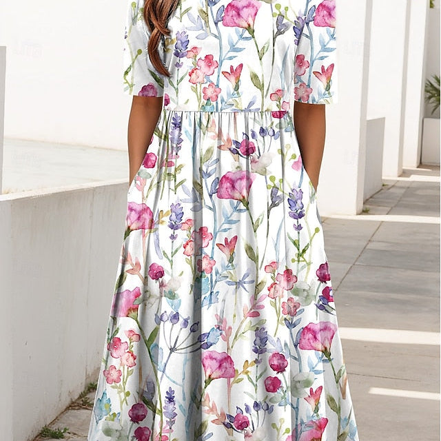 Florayne | Printed Spring Midi Dress with Gathered Waist