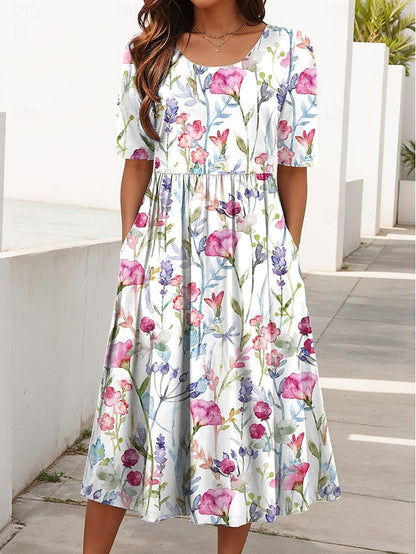 Florayne | Printed Spring Midi Dress with Gathered Waist