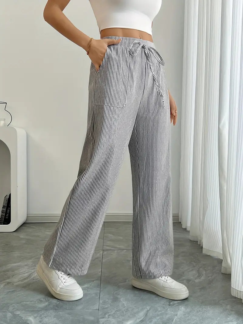 Ribbed Wide Leg Pants – Drawstring Casual Pants for Women