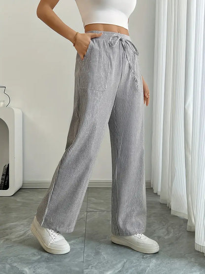 Ribbed Wide Leg Pants – Drawstring Casual Pants for Women