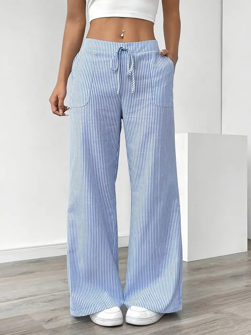 Ribbed Wide Leg Pants – Drawstring Casual Pants for Women