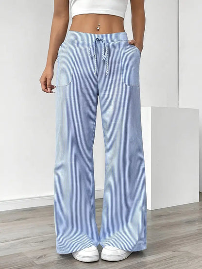 Ribbed Wide Leg Pants – Drawstring Casual Pants for Women