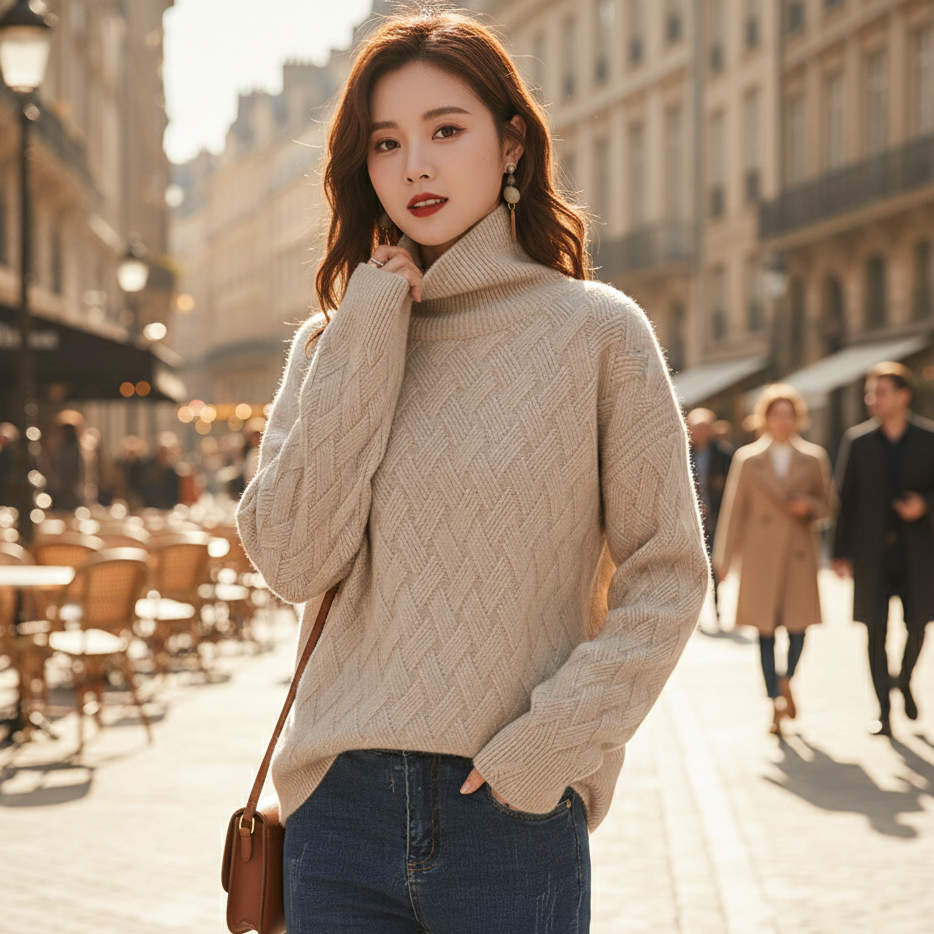 Cozy Woven-Texture Turtleneck Sweater