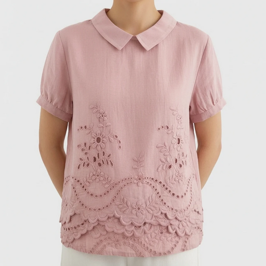 Women’s Embroidered Blouse – Short Sleeve Collared Top