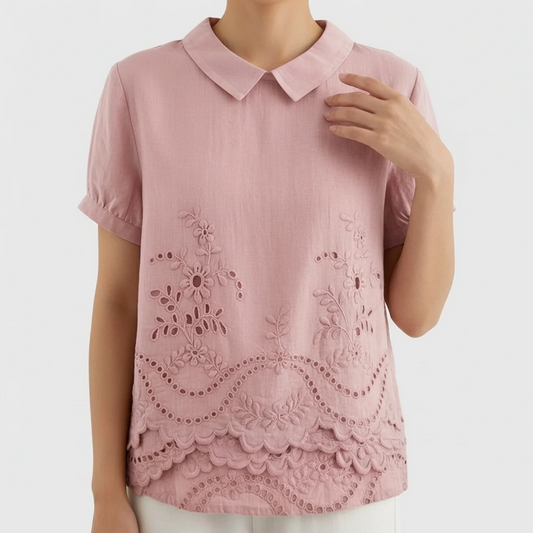 Women’s Embroidered Blouse – Short Sleeve Collared Top