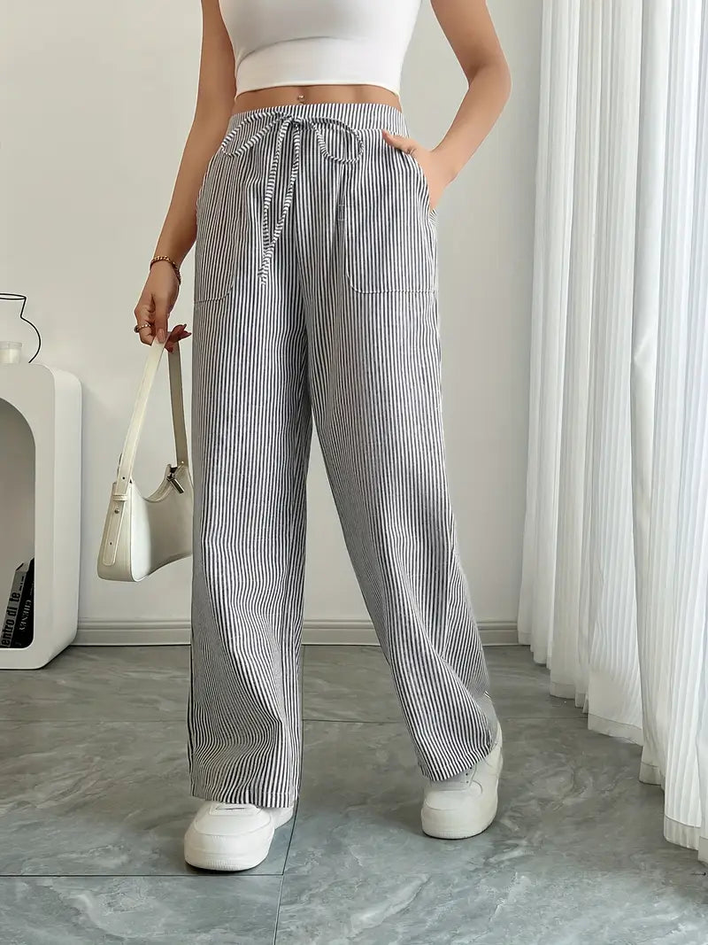 Ribbed Wide Leg Pants – Drawstring Casual Pants for Women