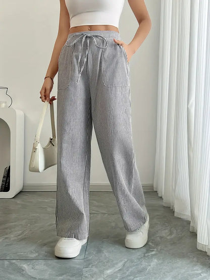 Ribbed Wide Leg Pants – Drawstring Casual Pants for Women