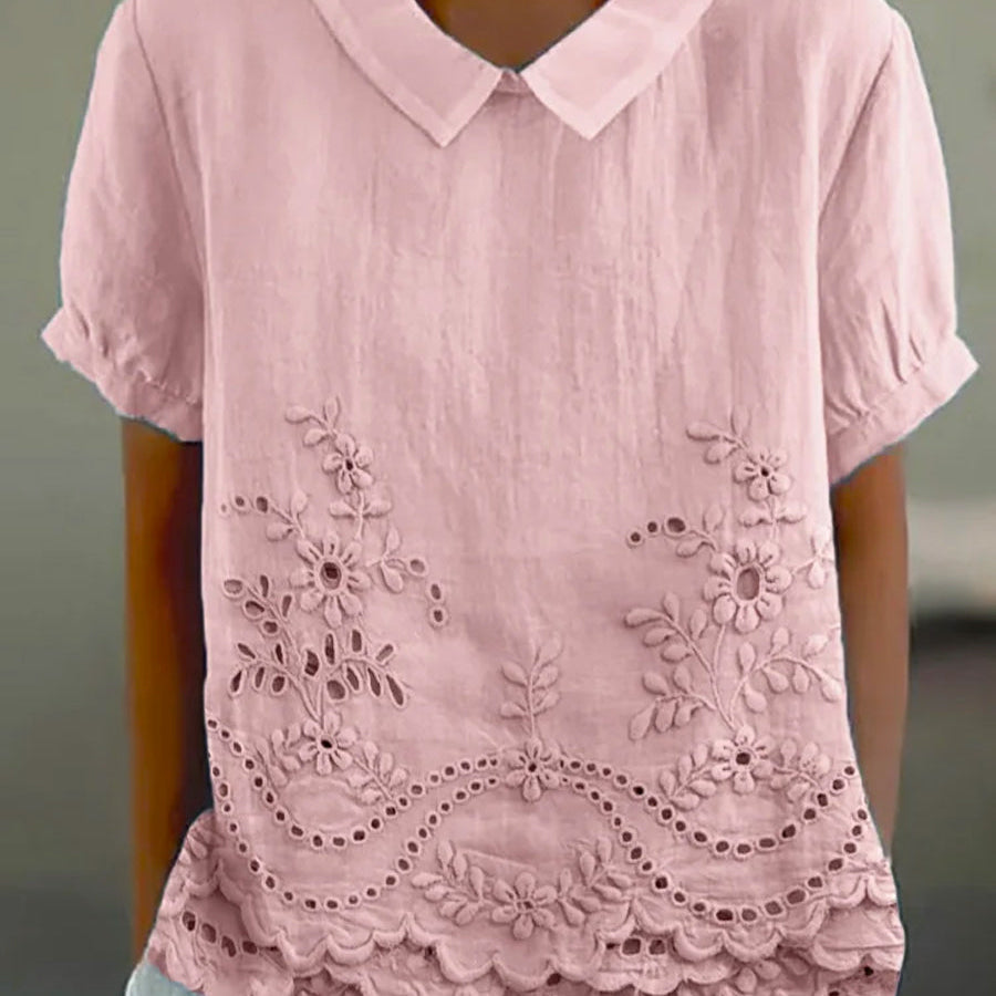 Women’s Embroidered Blouse – Short Sleeve Collared Top