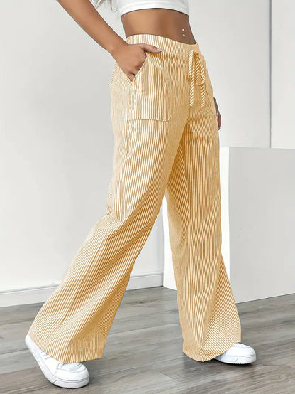 Ribbed Wide Leg Pants – Drawstring Casual Pants for Women