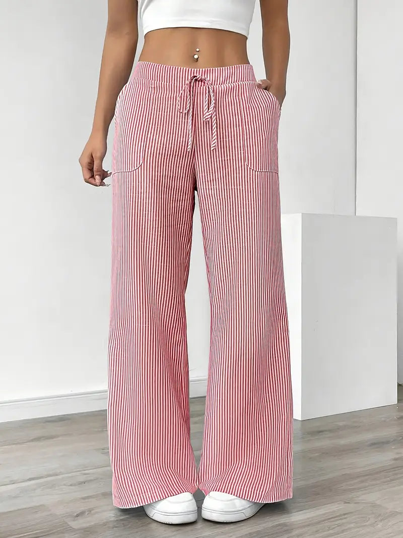 Ribbed Wide Leg Pants – Drawstring Casual Pants for Women