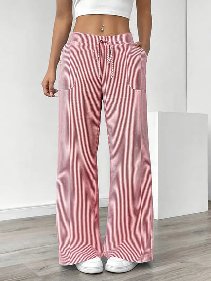 Ribbed Wide Leg Pants – Drawstring Casual Pants for Women