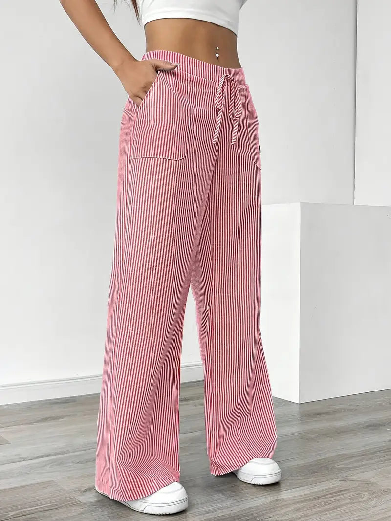 Ribbed Wide Leg Pants – Drawstring Casual Pants for Women