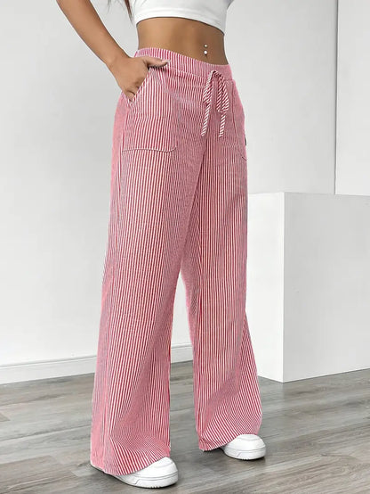 Ribbed Wide Leg Pants – Drawstring Casual Pants for Women